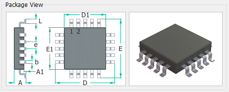 Package View panel showing a QFP footprint outline with pin 1/2 markers and dimension callouts (L, e, E1, A1, D1, A, D) alongside a 3D preview