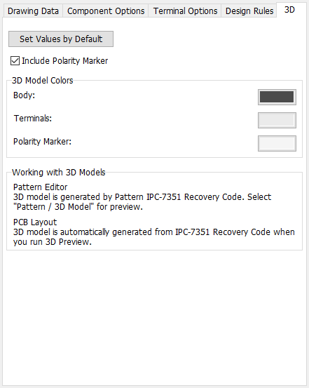 SOIC pattern generator, 3D tab: Set Values by Default button, Include Polarity Marker checkbox, 3D Model Colors (Body/Terminals/Polarity Marker), note on 3D model generation from IPC-7351 Recovery Code