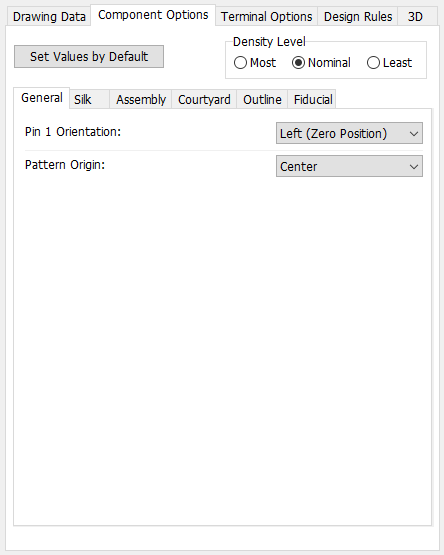 SOIC pattern generator, Component Options tab: Density Level radio buttons, sub-tabs (General/Silk/Assembly/Courtyard/Outline/Fiducial), Pin 1 Orientation and Pattern Origin dropdowns
