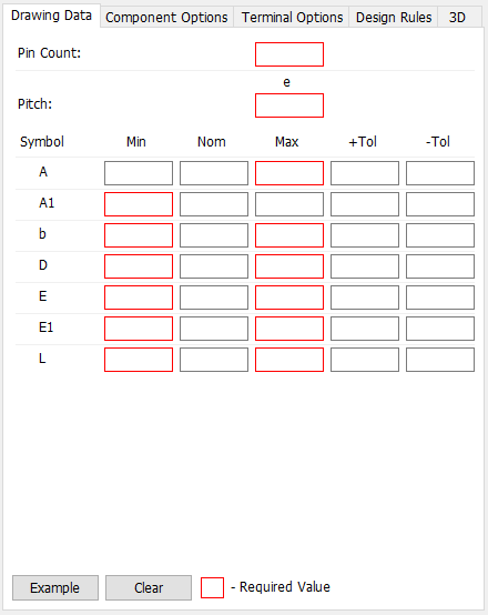 SOIC pattern generator, Drawing Data tab: Pin Count field, Pitch (e) field, dimension table (Symbol/Min/Nom/Max/+Tol/-Tol) for A/A1/b/D/E/E1/L, Example/Clear buttons