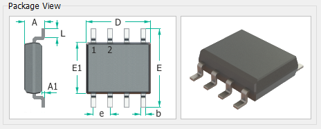 Package View panel showing an SOIC outline with pin 1/2 markers and dimension callouts (A, D, L, E1, E, A1, e, b) alongside a 3D preview