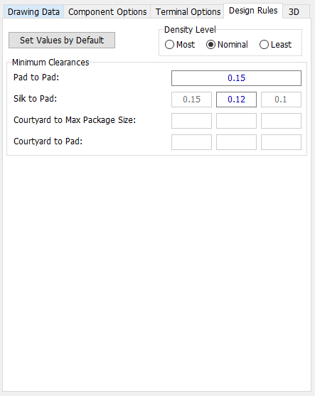 SOT-23 pattern generator, Design Rules tab: Density Level radio buttons, Minimum Clearances fields (Pad to Pad, Silk to Pad, Courtyard to Max Package Size, Courtyard to Pad)