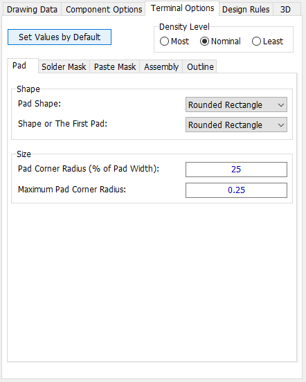 SOT-23 pattern generator, Terminal Options tab: Density Level radio buttons, sub-tabs (Pad/Solder Mask/Paste Mask/Assembly/Outline), Pad Shape and Shape of The First Pad dropdowns (Rounded Rectangle), Pad Corner Radius fields