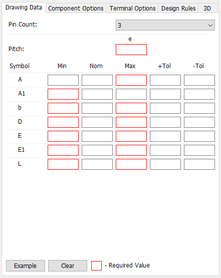 SOT-23 pattern generator, Drawing Data tab: Pin Count dropdown (3), Pitch (e) field, dimension table (Symbol/Min/Nom/Max/+Tol/-Tol) for A/A1/b/D/E/E1/L, Example/Clear buttons