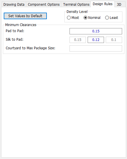 BGA pattern generator, Design Rules tab: Density Level radio buttons, Minimum Clearances fields (Pad to Pad, Silk to Pad, Courtyard to Max Package Size)