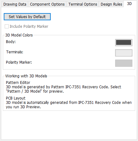 Axial pattern generator, 3D tab: Set Values by Default button, Include Polarity Marker checkbox, 3D Model Colors (Body/Terminals/Polarity Marker), note on 3D model generation from IPC-7351 Recovery Code