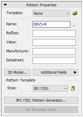 Pattern Properties panel: Template selector, Name/RefDes/Value/Manufacturer/Datasheet fields, 3D Model and Additional Fields buttons, Pattern Template Style dropdown (IPC-7351), IPC-7351 Pattern Generator button, No Recovery Code indicator