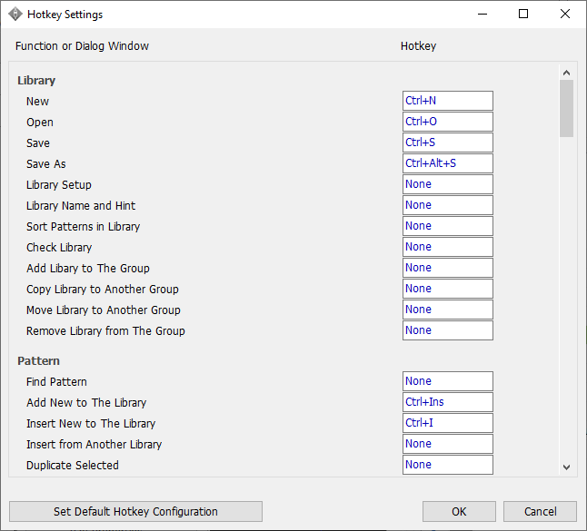 Hotkey Settings dialog: list of Library and Pattern functions/dialog windows each with an assignable hotkey field, Set Default Hotkey Configuration button, OK/Cancel