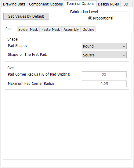 DIP pattern generator, Terminal Options tab: Set Values by Default button, Fabrication Level Proportional option, sub-tabs (Pad/Solder Mask/Paste Mask/Assembly/Outline), Pad Shape and Shape of The First Pad dropdowns (Round/Square), Pad Corner Radius fields