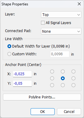 Shape Properties dialog for a polyline: Layer dropdown (Top), All Signal Layers checkbox, Connected Pad dropdown, Line Width (Default Width for Layer or Custom Width), Anchor Point selector grid, X/Y position, Polyline Points button, OK/Cancel
