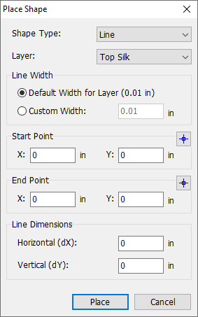 Place Shape dialog for a line: Shape Type and Layer dropdowns, Line Width (Default or Custom), Start/End Point X/Y fields, Line Dimensions Horizontal/Vertical fields, Place/Cancel