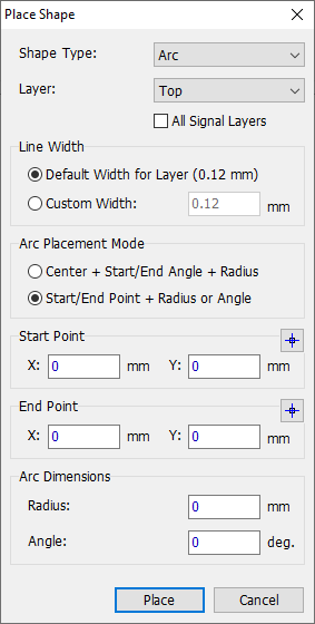 Place Shape dialog for an arc: Shape Type and Layer dropdowns, Line Width, Arc Placement Mode radio buttons, Start/End Point X/Y, Arc Dimensions Radius/Angle fields, Place/Cancel