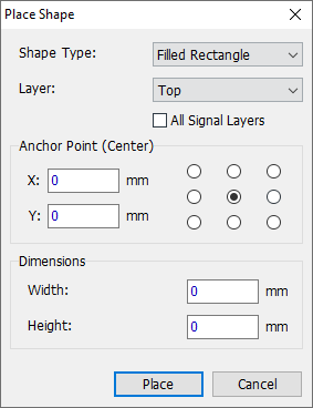 Place Shape dialog for a filled rectangle: Shape Type and Layer dropdowns, Anchor Point selector grid, X/Y position, Width/Height fields, Place/Cancel