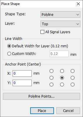 Place Shape dialog for a polyline: Shape Type and Layer dropdowns, Line Width, Anchor Point selector grid, X/Y position, Polyline Points button, Place/Cancel
