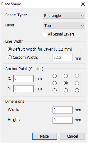 Place Shape dialog for a rectangle outline: Shape Type and Layer dropdowns, Line Width, Anchor Point selector grid, X/Y position, Width/Height fields, Place/Cancel