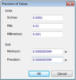 Precision of Values dialog: Units section with Inches/Mils/Millimeters precision fields, Grid section with Minimum and Precision fields, OK/Cancel