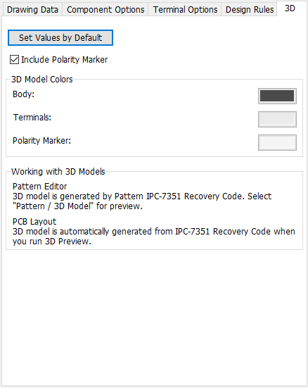 QFN pattern generator, 3D tab: Set Values by Default button, Include Polarity Marker checkbox, 3D Model Colors (Body/Terminals/Polarity Marker), note on 3D model generation from IPC-7351 Recovery Code
