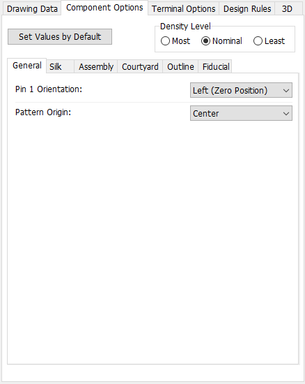 QFN pattern generator, Component Options tab: Density Level radio buttons, sub-tabs (General/Silk/Assembly/Courtyard/Outline/Fiducial), Pin 1 Orientation and Pattern Origin dropdowns
