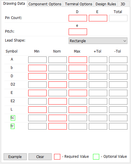 QFN pattern generator, Drawing Data tab: Pin Count D/E/Total fields, Pitch (e) field, Lead Shape dropdown (Rectangle), dimension table (Symbol/Min/Nom/Max/+Tol/-Tol) for A/b/D/D2/E/E2/L/tc/tr, Example/Clear buttons
