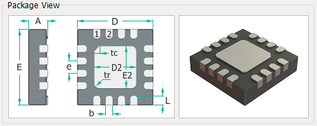 Package View panel showing a QFN outline with pin 1/2 markers and dimension callouts (D, E, e, D2/E2, tc/tr, L, b) alongside a 3D preview