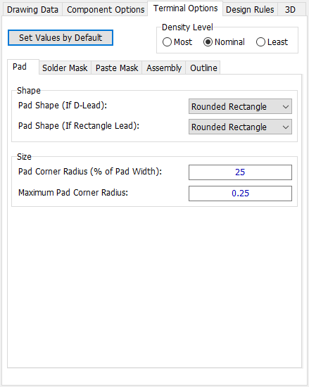 QFN pattern generator, Terminal Options tab: Density Level radio buttons, sub-tabs (Pad/Solder Mask/Paste Mask/Assembly/Outline), Pad Shape (If D-Lead) and Pad Shape (If Rectangle Lead) dropdowns (Rounded Rectangle), Pad Corner Radius fields