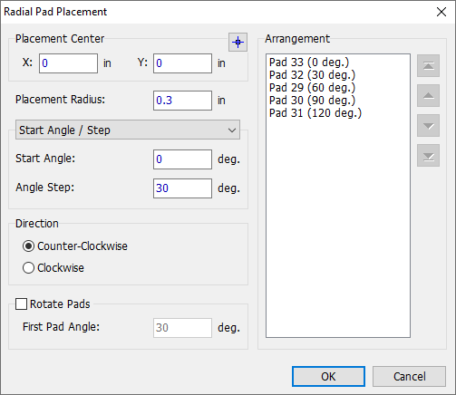 Radial Pad Placement dialog: Placement Center X/Y fields, Placement Radius field, Start Angle/Step mode dropdown with Start Angle and Angle Step fields, Direction radio buttons (Counter-Clockwise/Clockwise), Rotate Pads checkbox with First Pad Angle field, Arrangement list of pads with angles, OK/Cancel