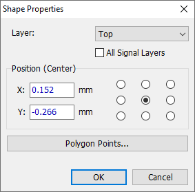 Shape Properties dialog for a polygon: Layer dropdown, All Signal Layers checkbox, Position (Center) anchor selector and X/Y fields, Polygon Points button, OK/Cancel
