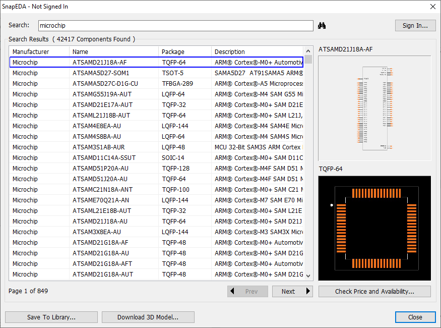 Online component search window: search bar, results table with Manufacturer/Name/Package/Description columns and match count, component footprint image preview, Save To Library and Download 3D Model buttons