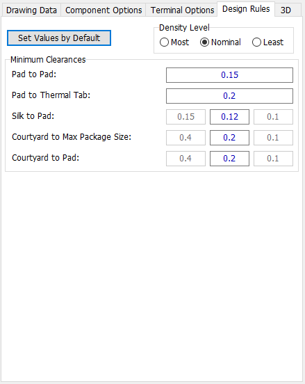 SON pattern generator, Design Rules tab: Density Level radio buttons, Minimum Clearances fields (Pad to Pad, Pad to Thermal Tab, Silk to Pad, Courtyard to Max Package Size, Courtyard to Pad)