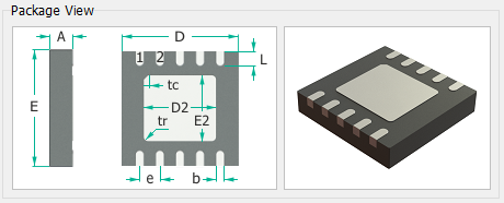 Package View panel showing an SON outline with pin 1/2 markers and dimension callouts (A, D, tc, L, E, D2, tr, E2, e, b) alongside a 3D preview
