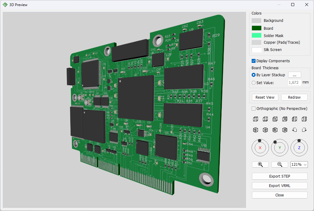 3D Preview window: 3D board render with placed components, Colors panel (Background, Board, Copper (Pads/Traces), Silk Screen), Display Components/Board Thickness/On Layer Startup/Reset View checkboxes and Rest Value field, orientation and zoom toolbar, Export STEP/Export VRML/Close buttons