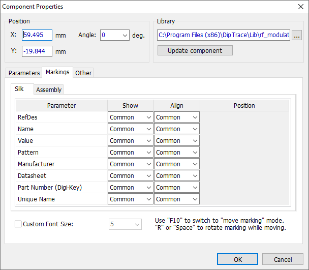 Component Properties dialog, Markings tab: Position X/Y and Angle fields, Library path with Update component button, Silk/Assembly sub-tabs, table of markings (RefDes, Name, Value, Pattern, Manufacturer, Datasheet, Part Number, Unique Name) with Show/Align/Position columns, Custom Font Size checkbox, hint about F10/R/Space marking-move hotkeys, OK/Cancel