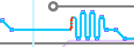 PCB trace during length tuning: meander (accordion-style zig-zag) shapes being added and adjusted along the trace between the length markers