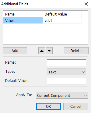 Additional Fields dialog: table of custom field Name/Default Value rows, Add/reorder/Delete buttons, Name/Type/Default Value fields for the selected field, Apply To dropdown (Current Component), OK/Cancel