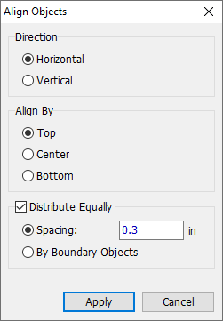 Align Objects dialog: Direction (Horizontal/Vertical), Align By (Top/Center/Bottom), Distribute Equally checkbox with Spacing field or By Boundary Objects, Apply/Cancel