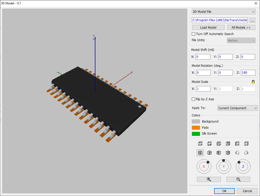 3D Model dialog: 3D component preview, 3D Model File path with Load Model button, Turn Off Automatic Search checkbox, Model Shift/Rotation/Scale fields, Flip by Z Axis checkbox, Apply to dropdown (Current Component), color swatches, view/rotation toolbar, OK/Cancel