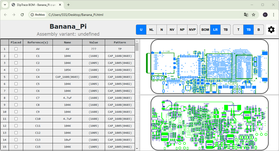 Interactive HTML Bill of Materials view: BOM table with Placed/Reference(s)/Name/Value/Pattern columns, and a linked PCB layout preview highlighting the components of the selected BOM row