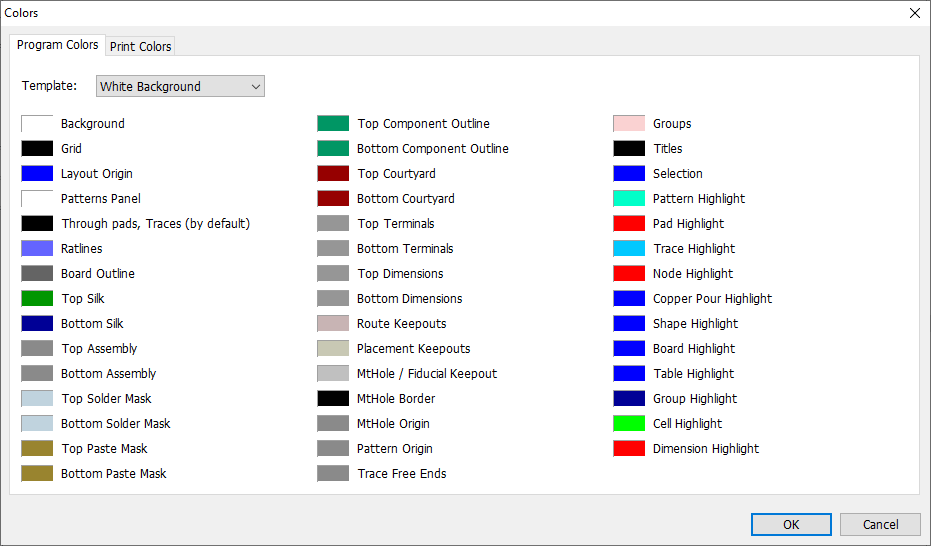 Colors dialog: Template dropdown (White Background), color swatch list for board elements (Background, Grid, Layout Origin, Board Outline, Top/Bottom layers, Pads, Vias, Ratlines, Dimensions, Keepouts, Highlights, etc.), OK/Cancel