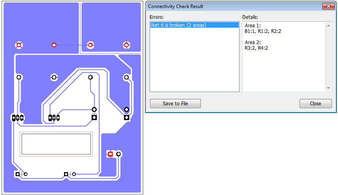 Connectivity Check Result panel next to a PCB layout view: Errors list (e.g. net is broken) with Detail area showing affected object areas, Save to File/Close buttons