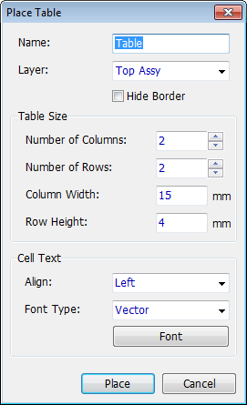 Place Table dialog: Name field, Layer dropdown (Top Assy), Hide Border checkbox, Table Size Number of Columns/Rows and Column Width/Row Height fields, Cell Text Align dropdown (Left), Font Type dropdown (Vector) with Font button, Place/Cancel