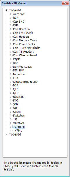 Available 3D Models tree list organized by component category (Antennas, BGA, Cap SMD, Con Board In, DIP, LGA, QFN, QFP, SOT, Transistors, etc.), with a note to edit folders via Tools / 3D Preview / Patterns and Models Search