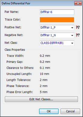 Define Differential Pair dialog: Pair Name field, Trace Color swatch, Positive Net and Negative Net dropdowns, Net Class dropdown, Class Properties (Trace Width, Primary Gap, Clearance to Others, Uncoupled Length, Length Tolerance, Phase Tolerance, Phase Error Length), Edit Net Classes button, OK/Cancel