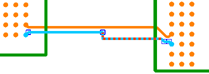 PCB layout view of a differential pair being edited between two connector pad groups, showing routed and unrouted (dashed) trace segments with editing handles