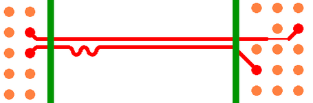 PCB layout view of a differential pair with a small meander (phase-tuning wave) added to one trace between two connector pad groups to equalize length