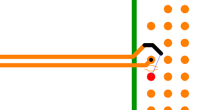 PCB layout view of a differential pair transitioning to single-ended routing near a via, showing the split point between paired and unpaired traces