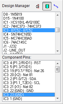 Design Manager panel: Components list (RefDes - part name) with one selected, and a Component Pins list below showing pin number, name and connected net for the selected component