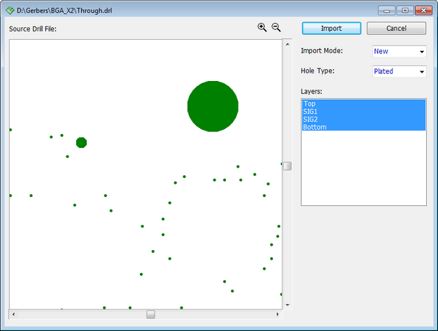 Import DXF drill file dialog: Source Drill File preview canvas with drill hole markers, Import/Cancel buttons, Import Mode and Hole Type dropdowns, Layers list
