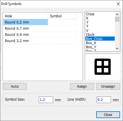 Drill Symbols dialog: Hole/Symbol table listing hole sizes, Cross X/Y/T/Clock symbol options list, symbol preview, Auto/Assign/Unassign buttons, Symbol Size and Line Width fields, Close