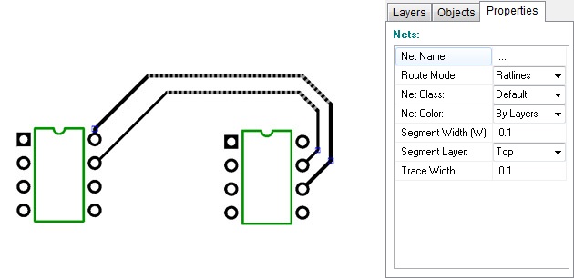 PCB layout view of a routed net with the Net Properties panel: Layers/Objects/Properties tabs, Net Name, Route Mode (Ratlines), Net Class, Net Color, Segment Width and Segment Layer fields, Trace Width field