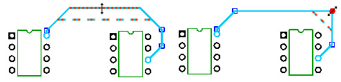 Sequence of a trace being edited between two components, showing selected segment handles and a bend point being dragged to reroute the trace